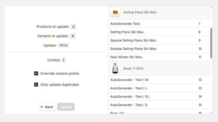 Update confirmation step in SKU Manager showing the Override restore points option