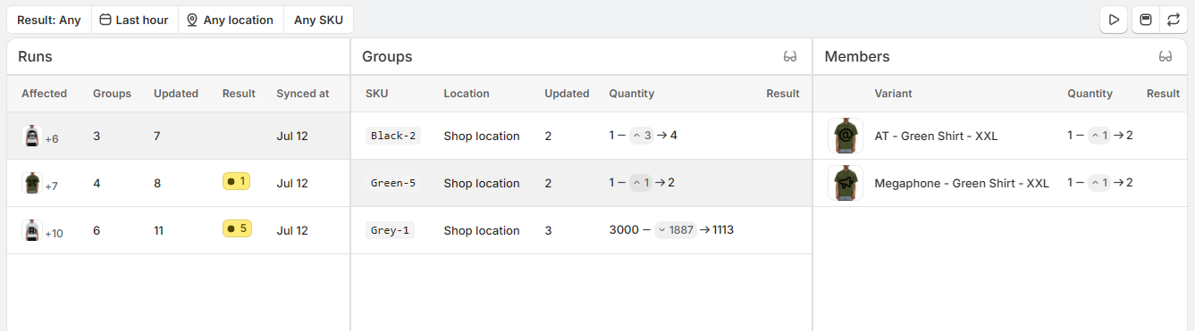 Sync history page showing sync runs on the left, groups in the middle, and members on the right