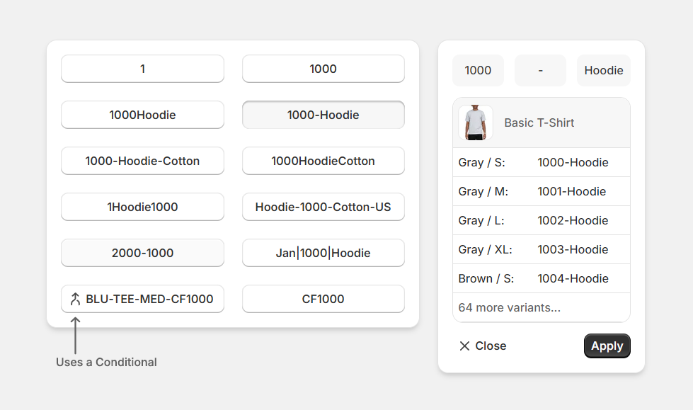 Examples panel in SKU Manager showing common SKU patterns, combo arrangement, preview, and Apply button