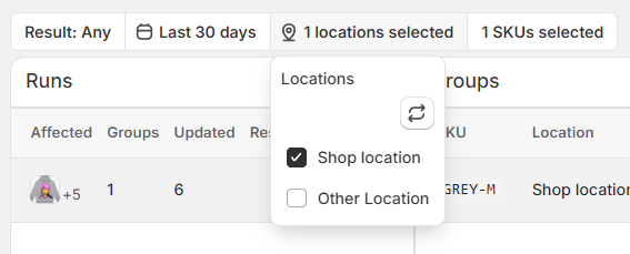 SKU Stock Sync History page with the location filter set to Shop location