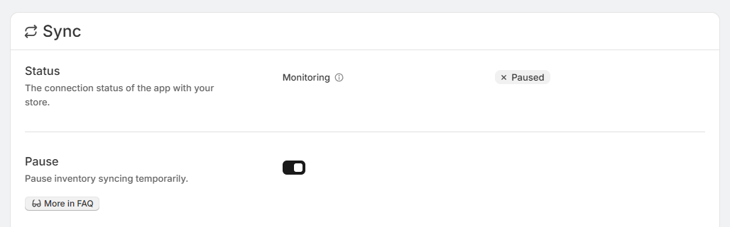 Sync page showing monitoring status set to Paused and the Pause toggle turned on