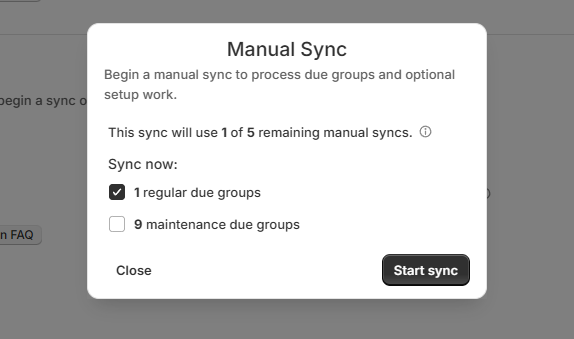 Manual sync modal showing selectable regular and maintenance due groups
