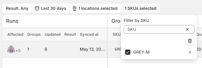 SKU Stock Sync History page with the SKU filter set to GREY-M