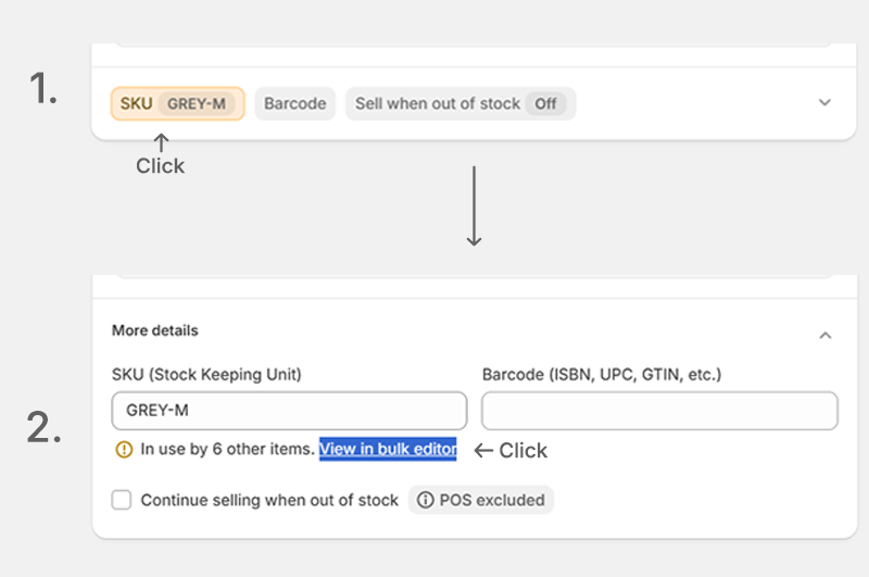 Shopify variant page showing the SKU field, the 'In use by other items' message, and the View in bulk editor link