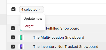 Queued item bulk action menu showing Update now and Forget options