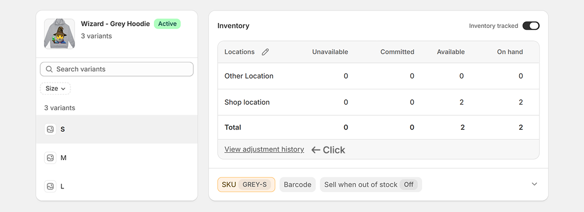 Shopify variant page showing the View adjustment history link in the inventory locations table