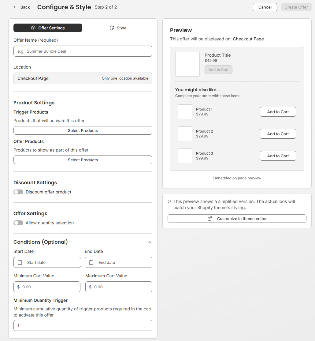 Checkout Offer Configuration Page