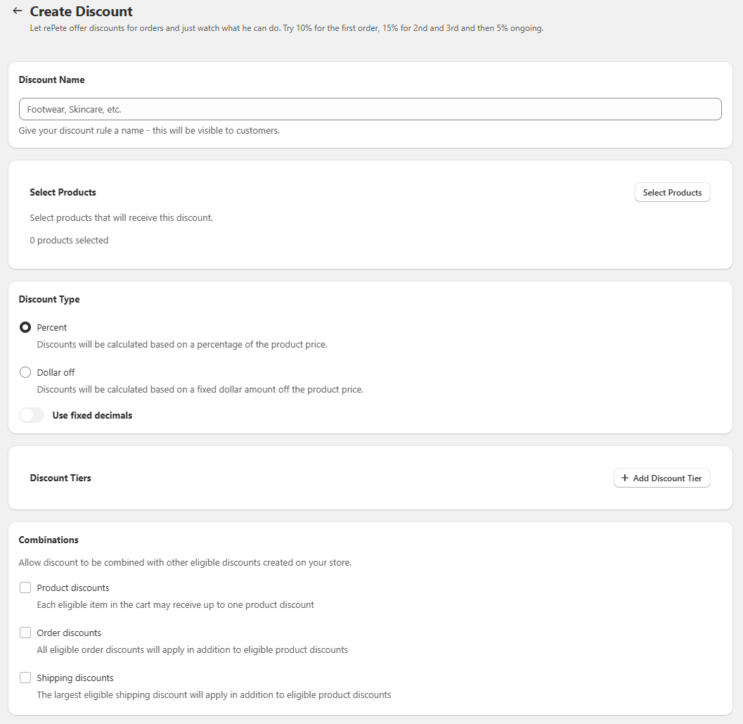 Create Discount Configuration Page