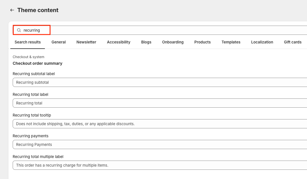 Default theme content page filtered for recurring