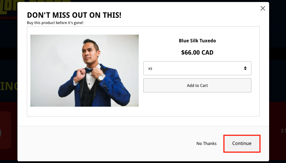 Continue Button Setting for Before Checkout Example in Upsell Modal