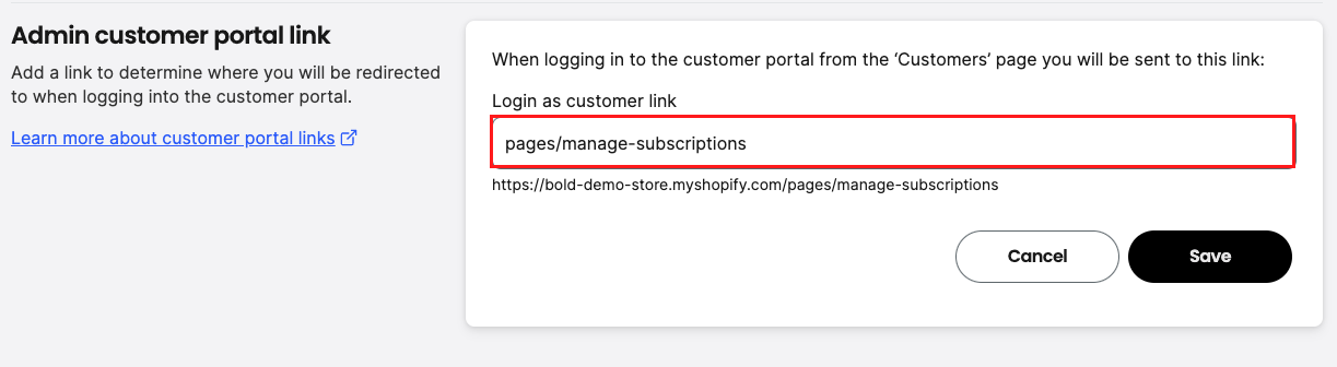 Admin customer portal link