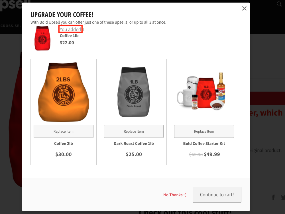 You Added Text Screenshot in Upsell Modal
