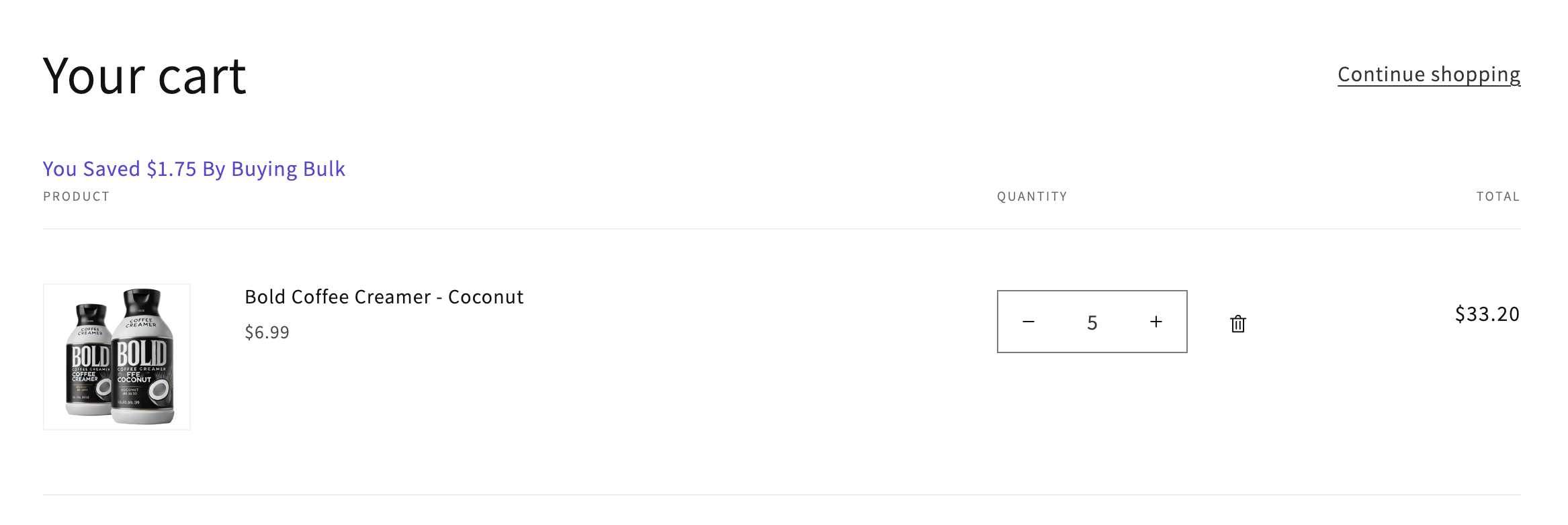 Example cart page savings and banner