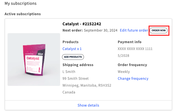 Order now button - customer portal