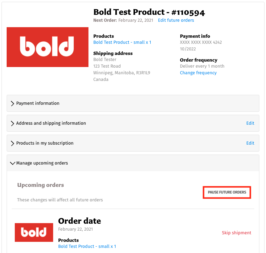 Select Pause Future Orders