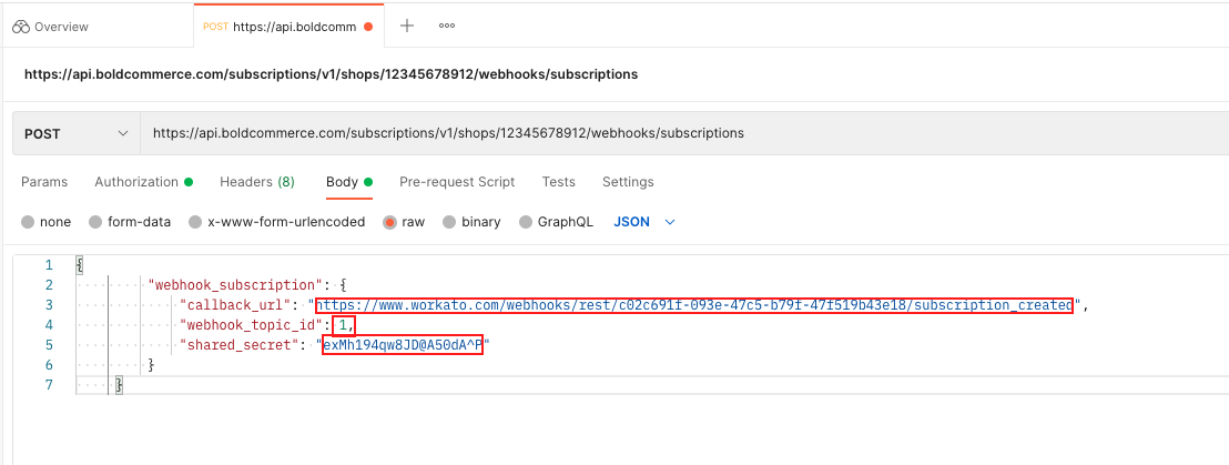 callback_url and webhoot_topic_id pasted