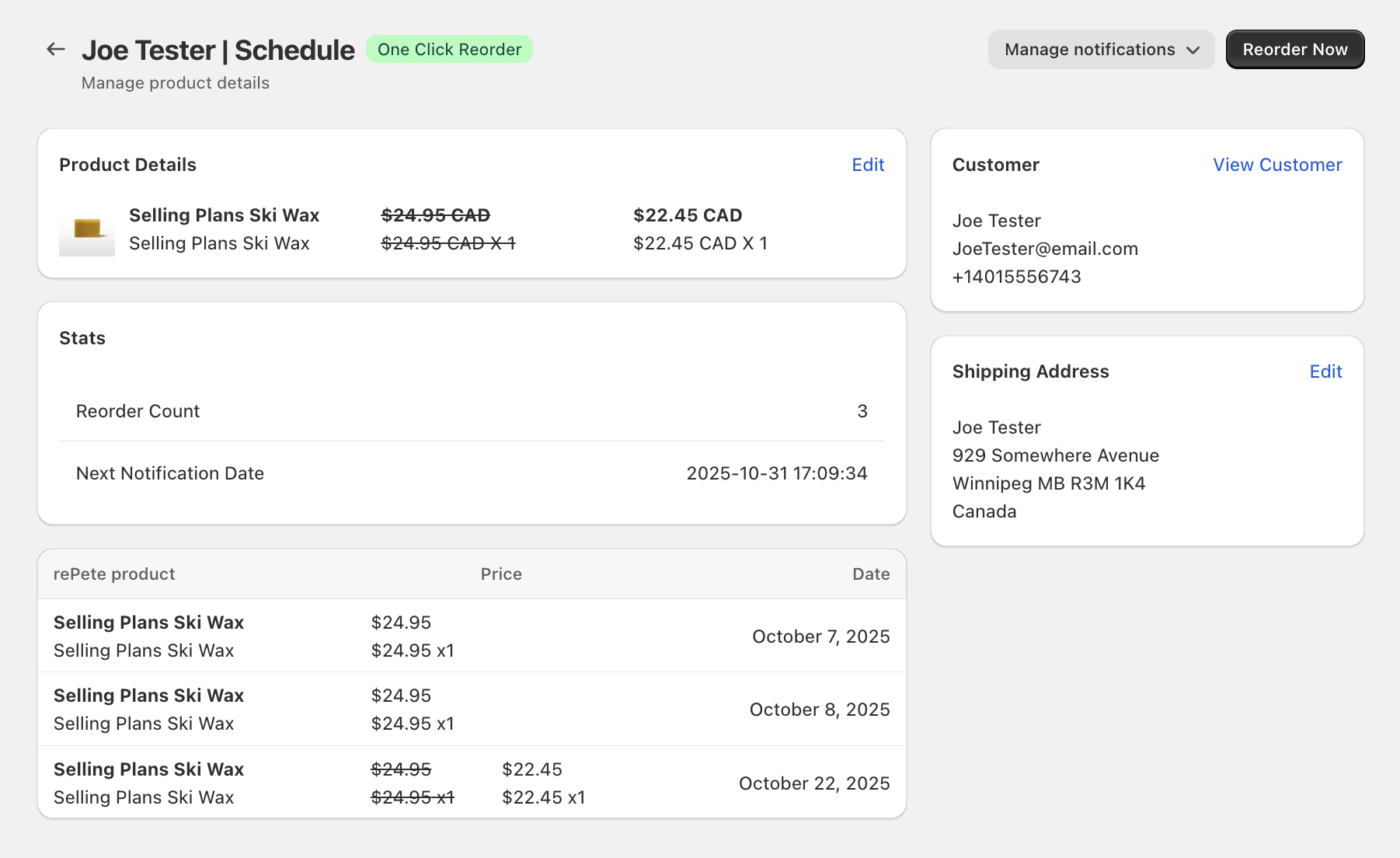 Example customer schedule