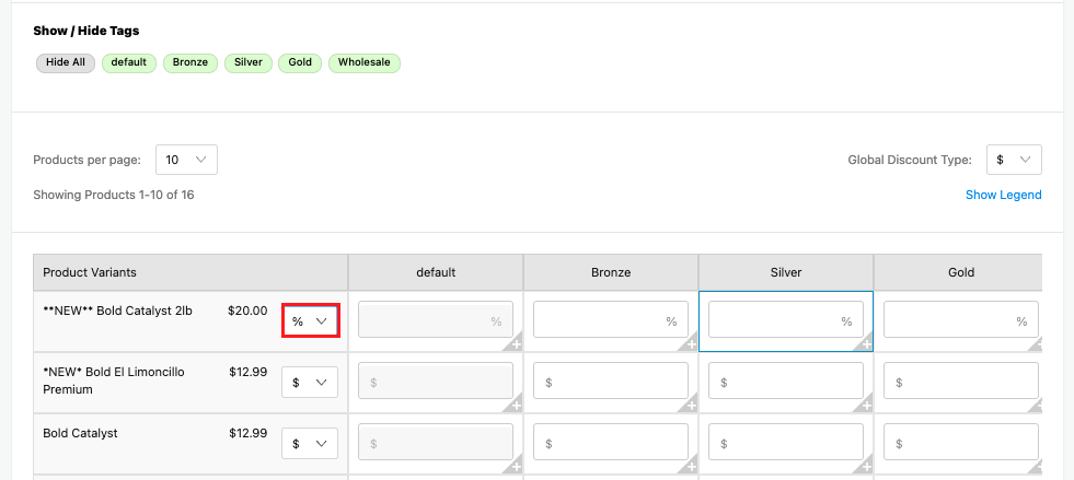 Discount type selector