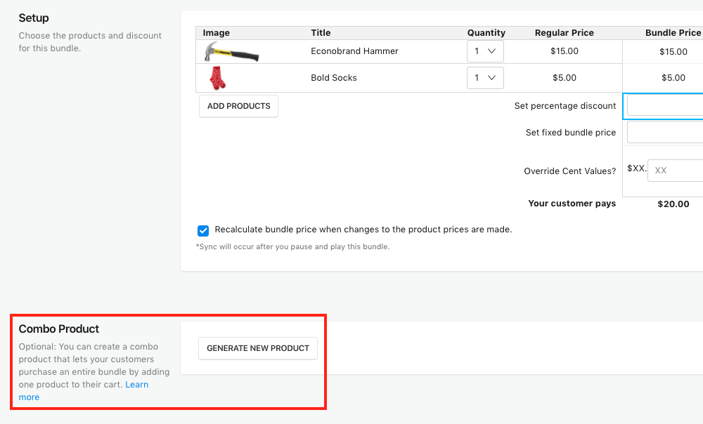 Combo Product in the Bundles admin