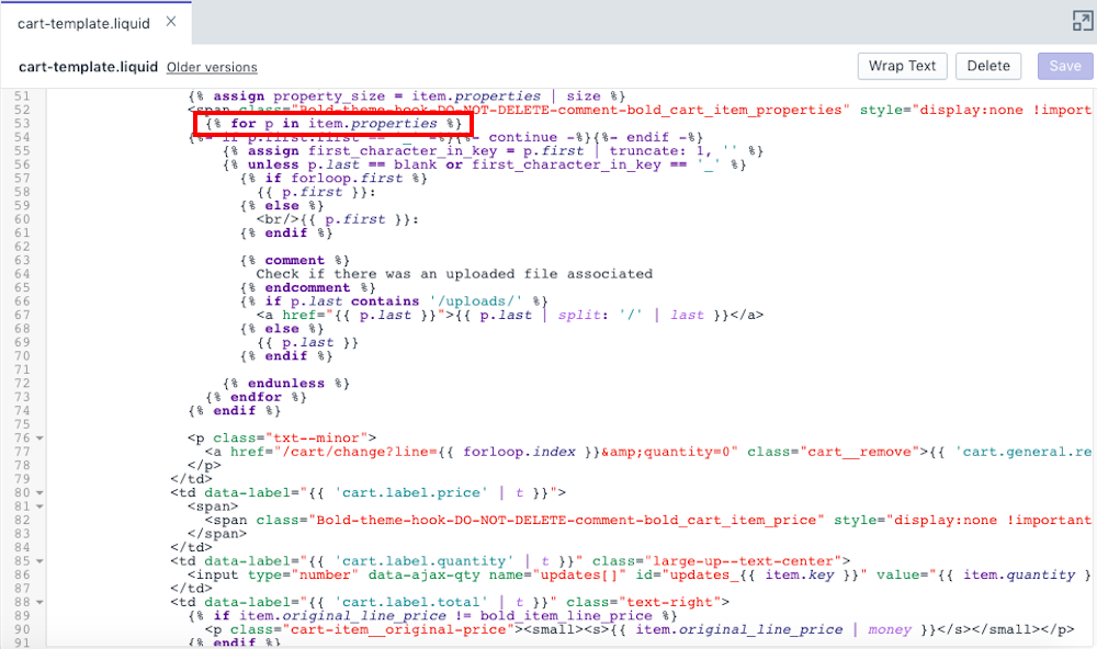 find for p in item.properties