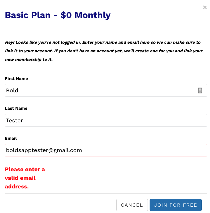 Email Address Error Example