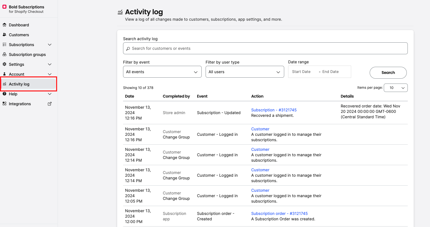 Activity Log