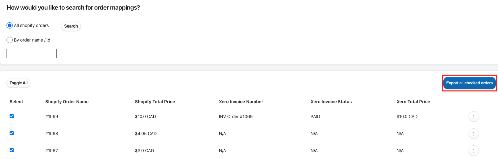 Export all checked orders