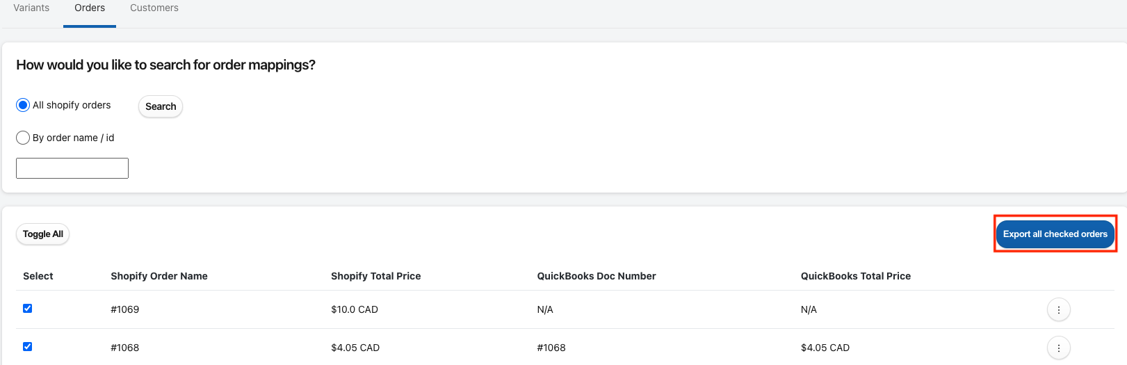 Export all checked orders