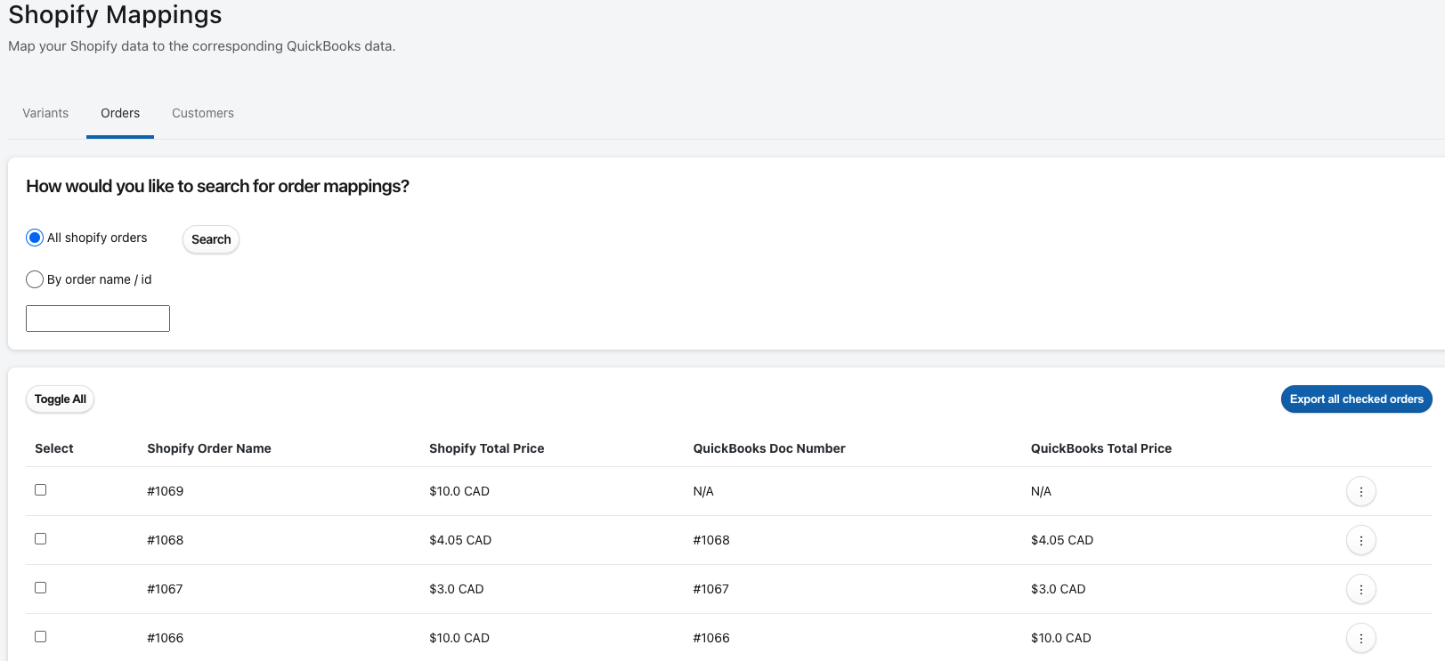 Order mappings page
