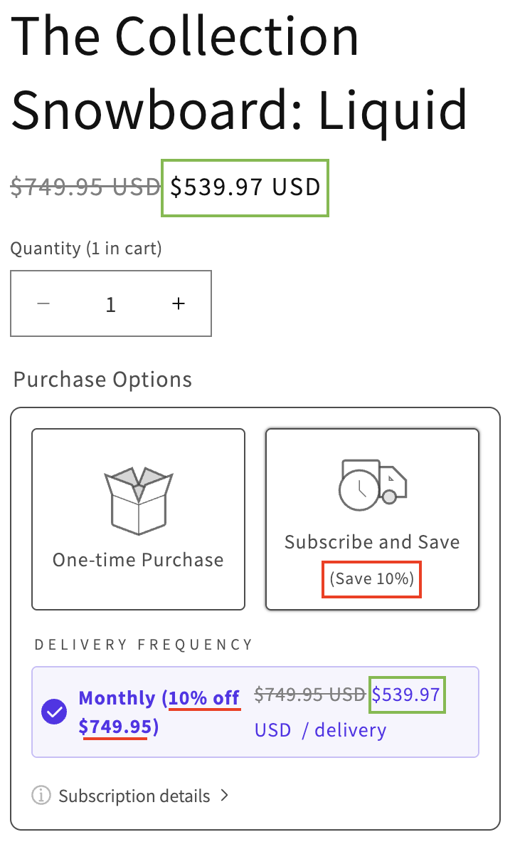 Product price on product page and in subscription widget