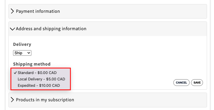 Available Shipping methods (example)