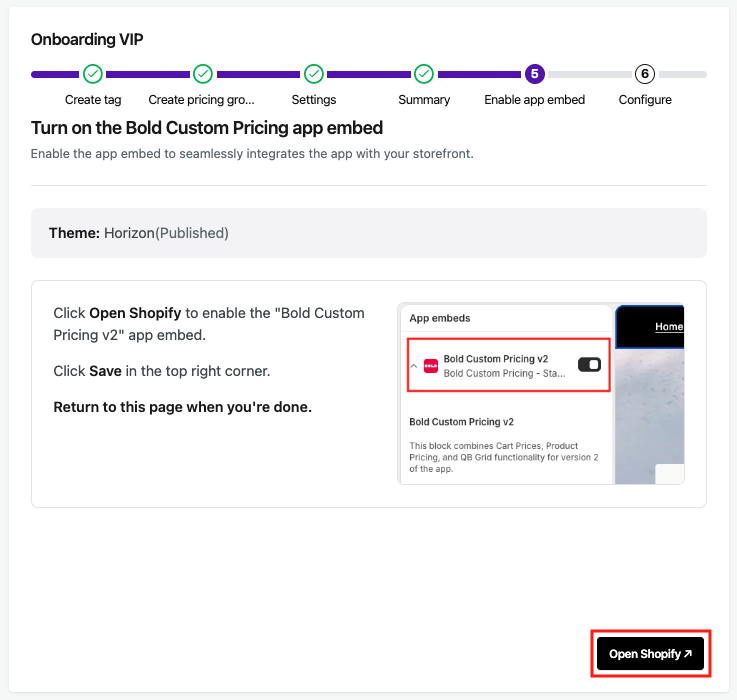 Turn on the Bold Custom Pricing app embed