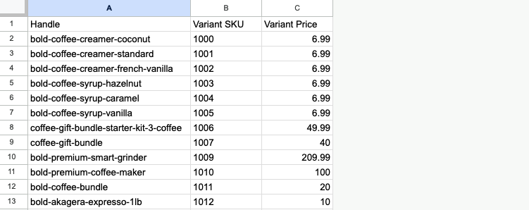 Spreadsheet with only Handle, Variant SKU, and Variant Price