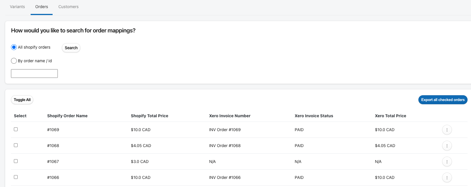 Xero Sync Orders Mapping page