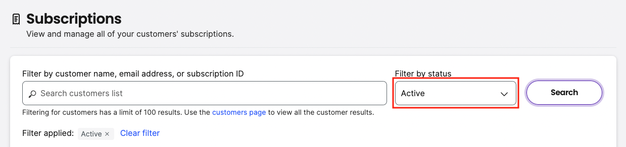 Subscriptions page filter