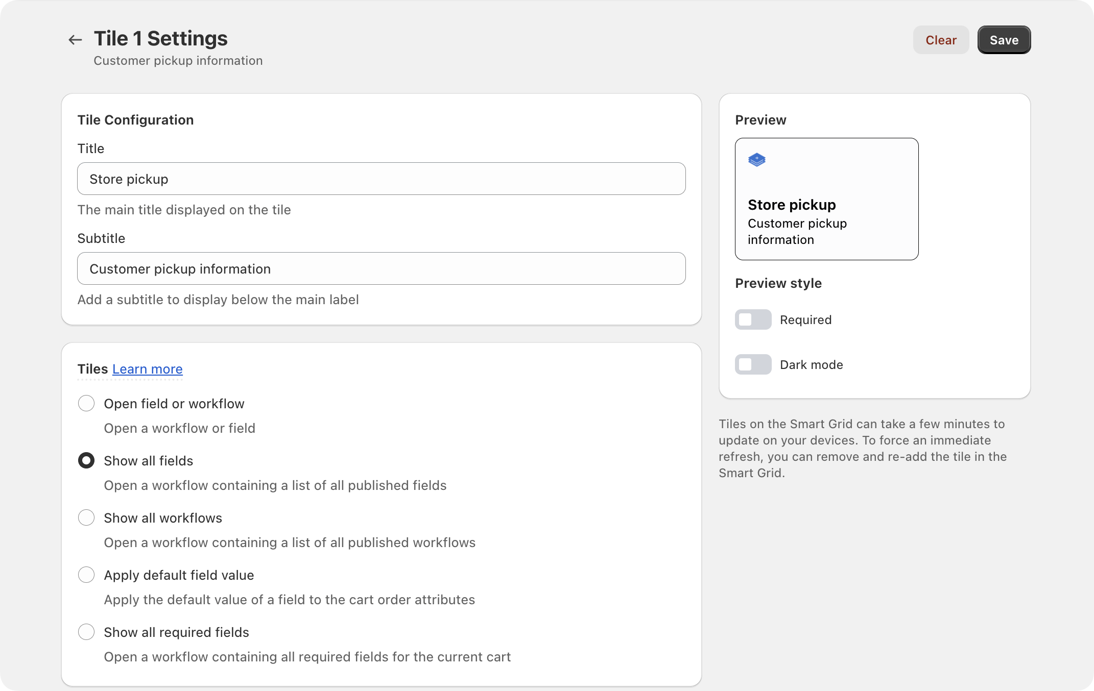 ShopFields tile behaviour settings
