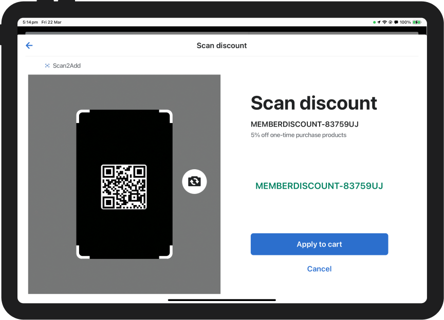 Scan2Add discount code scanning on iPad